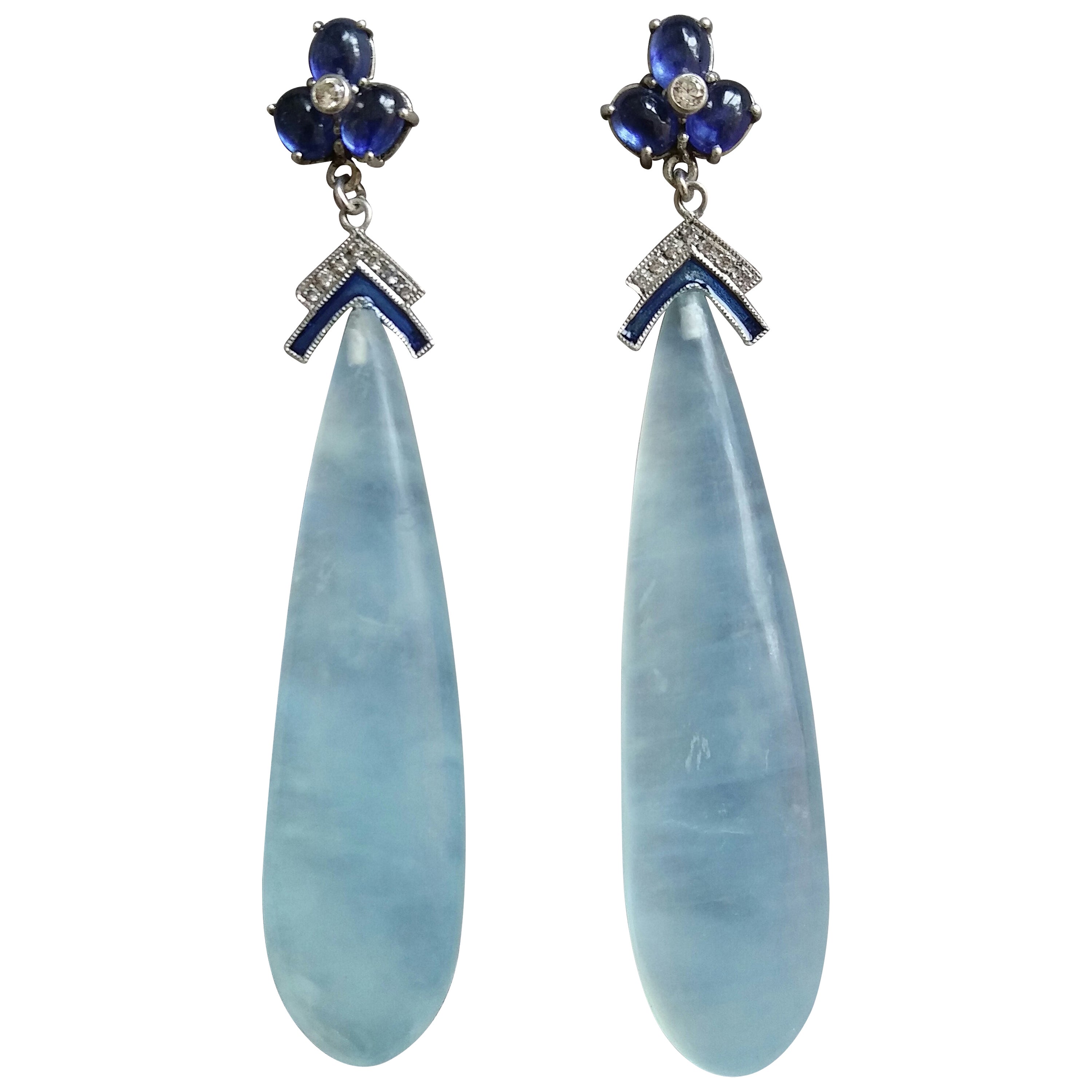 Blue Sapphires Diamonds 14K Solid White Gold Enamel Aquamarine Drops Earrings 