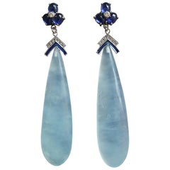 Zafiros Azules Diamantes Pendientes Gotas Aguamarina Esmalte Oro Blanco Macizo 14K