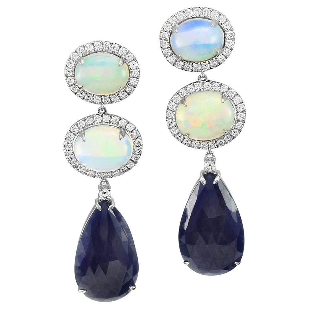 Opal, Blue Sapphire, and Pavé Diamond Earrings in Gold