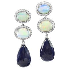 Opal, Blue Sapphire, and Pavé Diamond Earrings in Gold 10