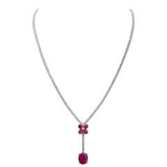 Rubies, Diamonds, 14 Karat White Gold Tennis Necklace.