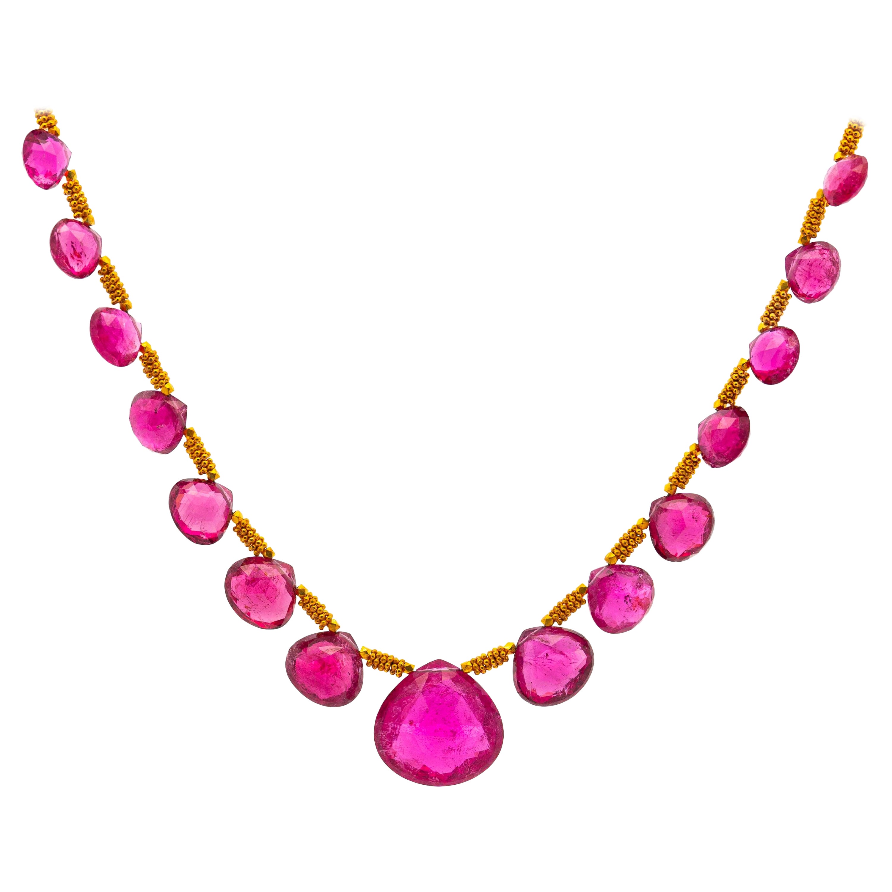 GIA Certified 120 Carat Pear-Shape Pink Rubellite Tourmaline Necklace in 22K For Sale