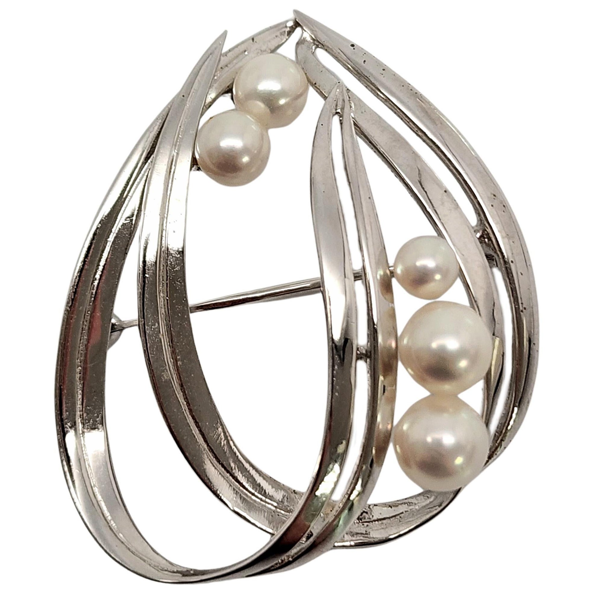 Mikimoto Sterling Silver Pearl Double Loop Pin/Brooch #14648 For Sale