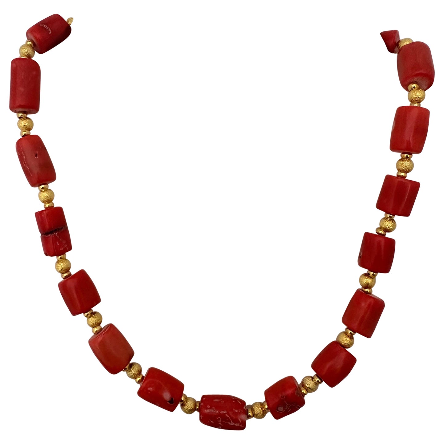 Handmade ~ Gold Beads & Salmon Barrel Shape Coral Beaded 22" Necklace #C47 For Sale