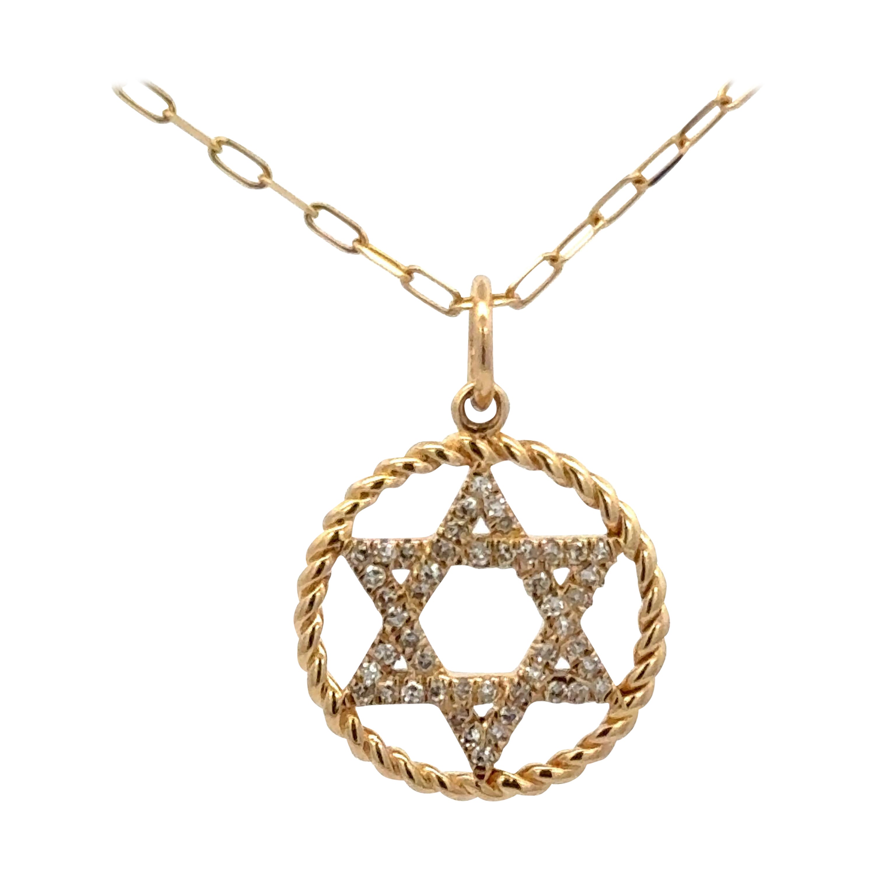 Star of David Diamond Twist Pendant Necklace 0.12 Carats 14 Karat Yellow Gold For Sale