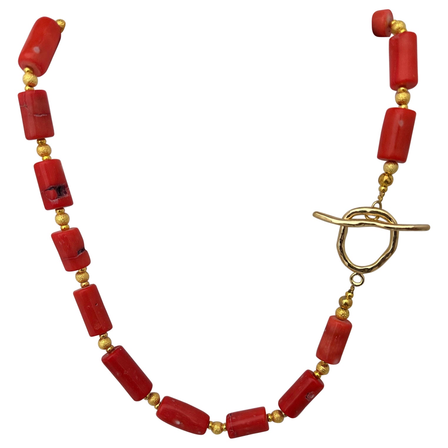 Handmade ~ Gold Beads & Salmon Barrel Shape Coral Beaded 24" Toggle Necklace C52 For Sale