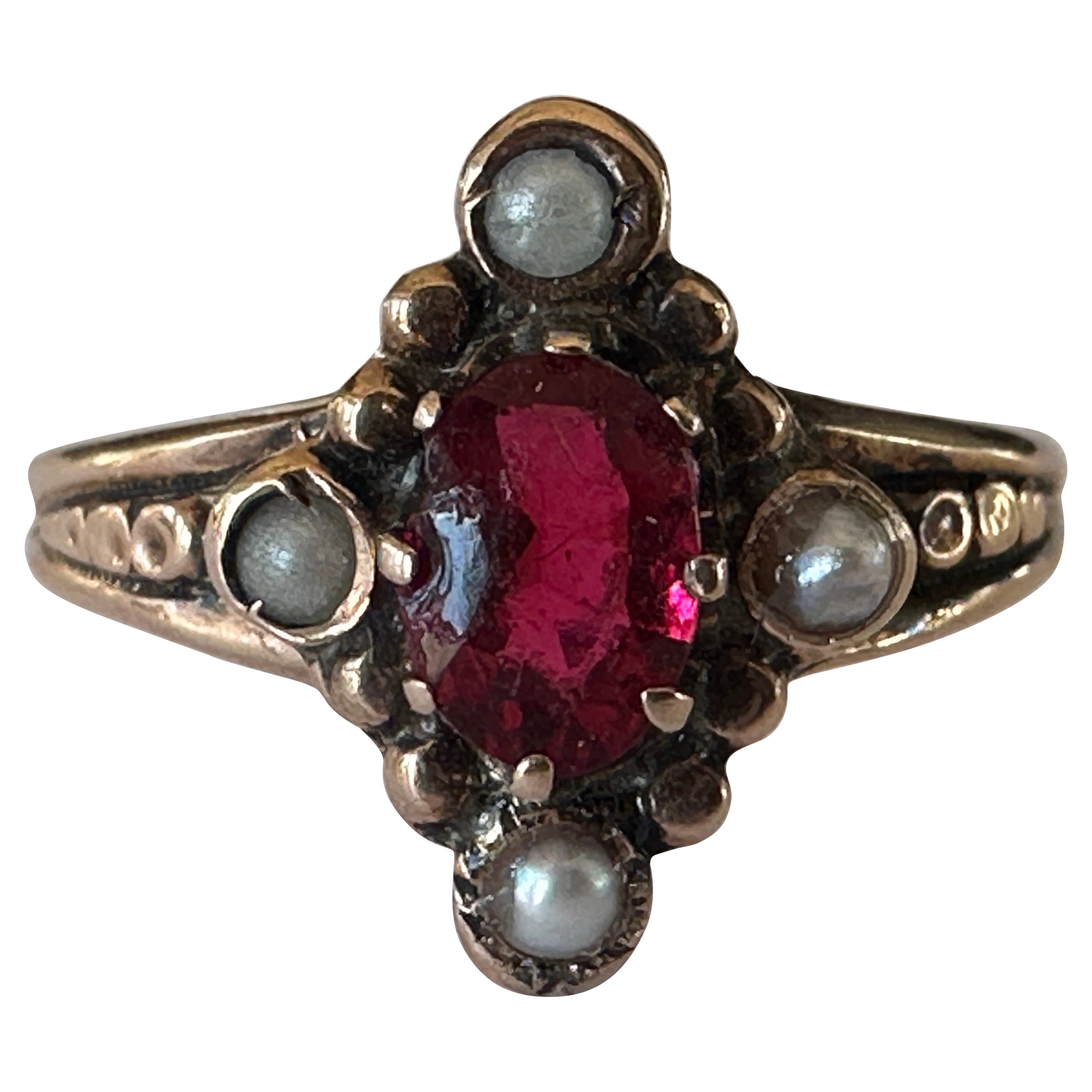Antique Victorian Red Garnet and Seed Pearl Ring 