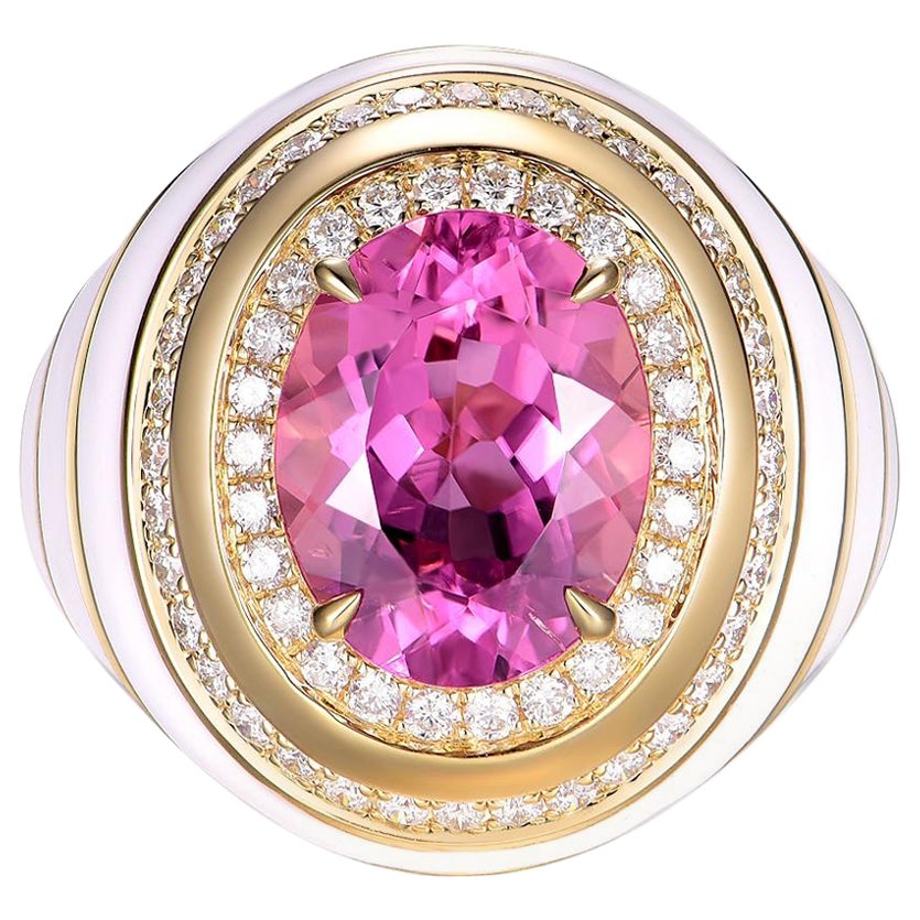 Pink Tourmaline Diamond Enamel Cocktail Ring in 14 Karat Yellow Gold
