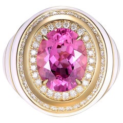 Bague cocktail en or jaune 14 carats, tourmaline rose, diamants et émail