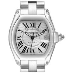 Cartier Roadster Large Silver Dial Steel Mens Watch W62025V3 Box Papers