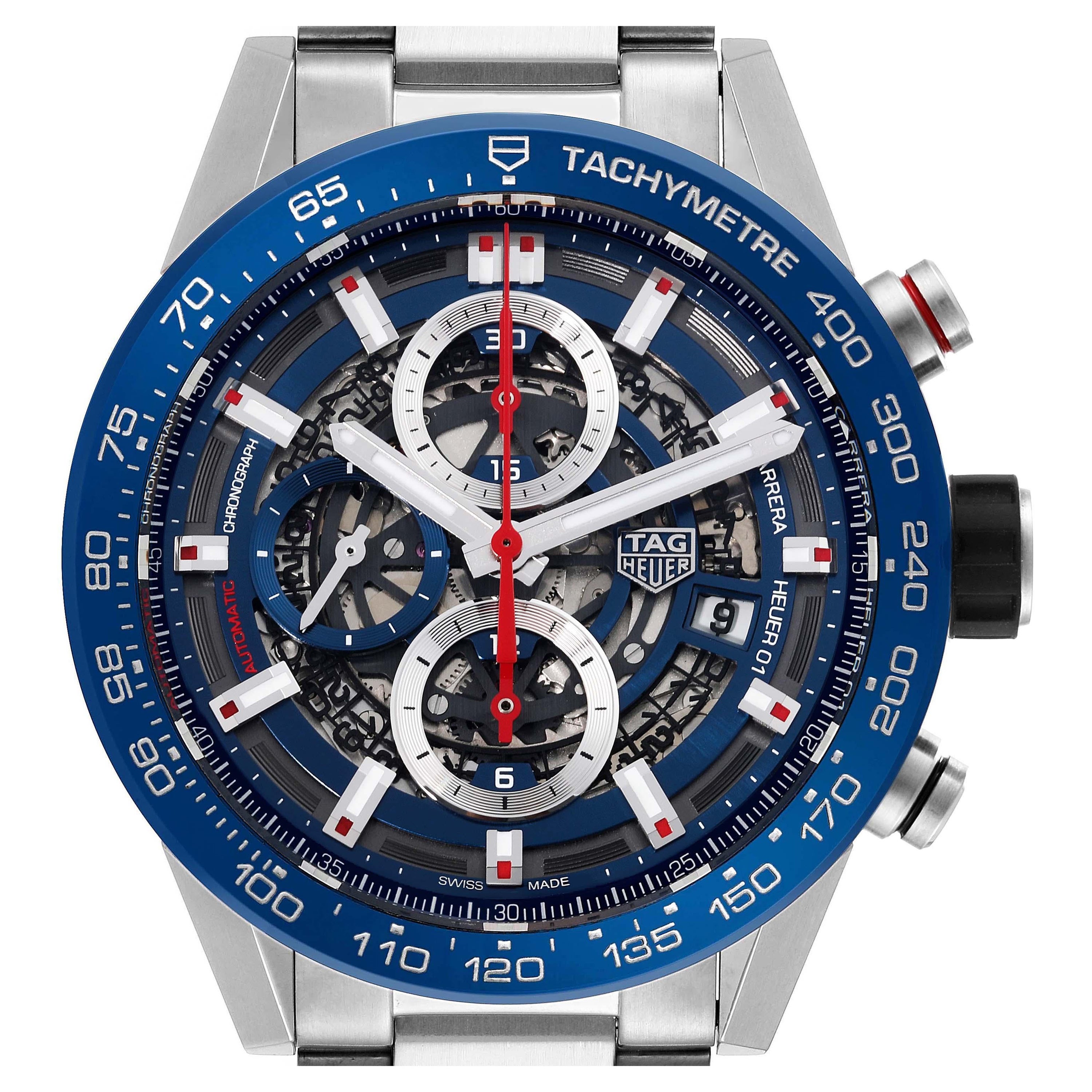 Tag Heuer Carrera Blue Skeleton Dial Chronograph Steel Mens Watch CAR201T For Sale
