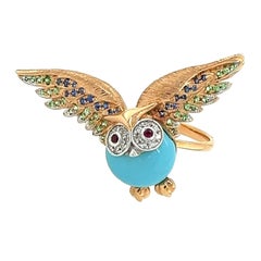 Retro 18K Gemstone Turquoise Owl Ring with Sapphires & Rubies
