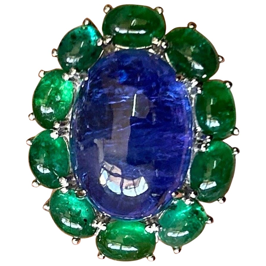 15.82 Carat Tanzanite and Emerald Cocktail Ring in 18K Gold