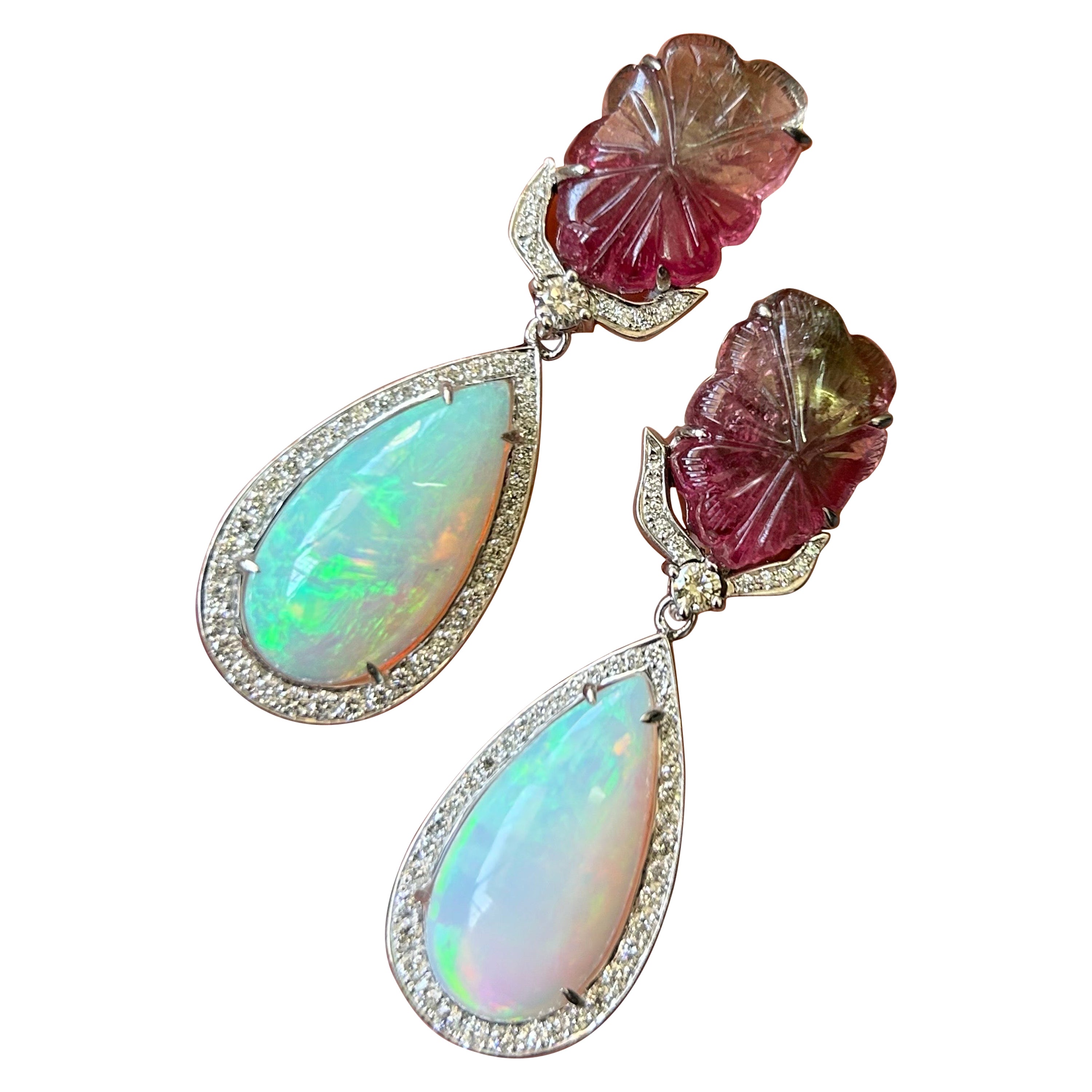 14.66 Carat Tourmaline and 16.55 Carat Opal Drops Earring For Sale