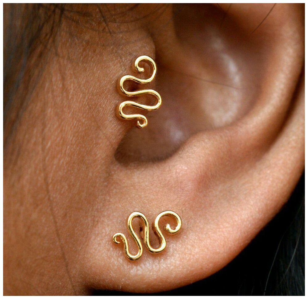 14k Gold Curled Snake Earring Solid Gold Lobe Tragus Cartilage Small Earring. For Sale