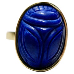 18K Lapis Lazuli Carved Scarab Ring