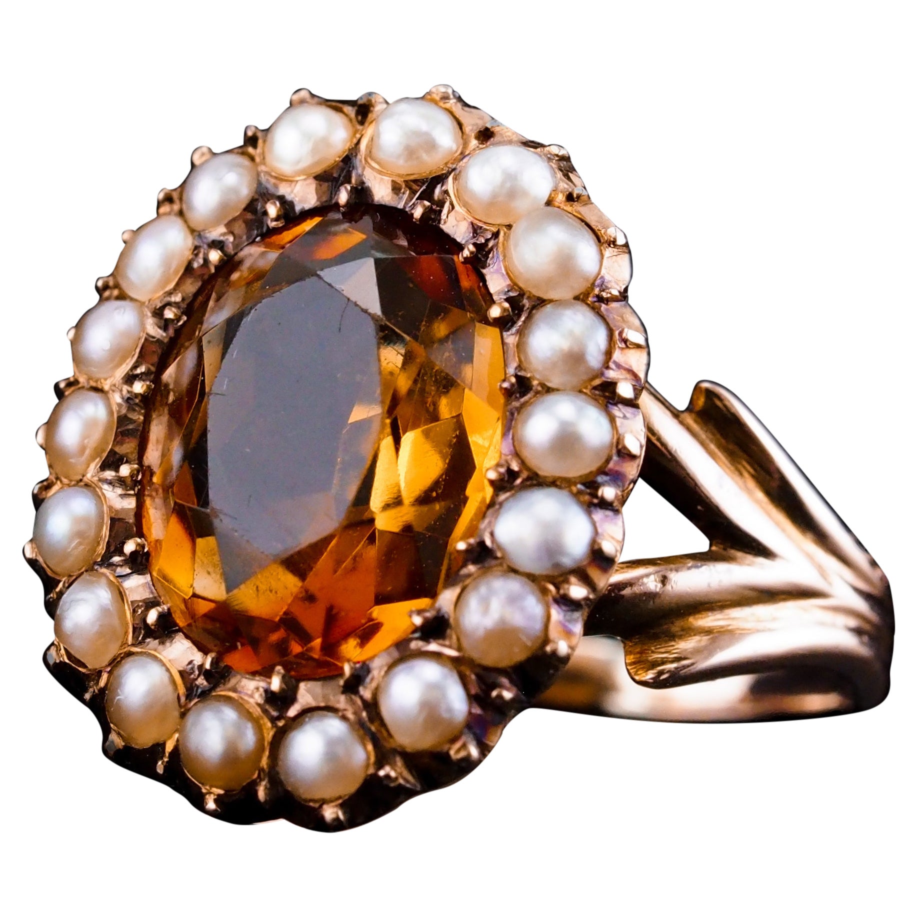 Antique Victorian Citrine & Seed Pearl Cluster Ring 9K Gold - c.1890 For Sale