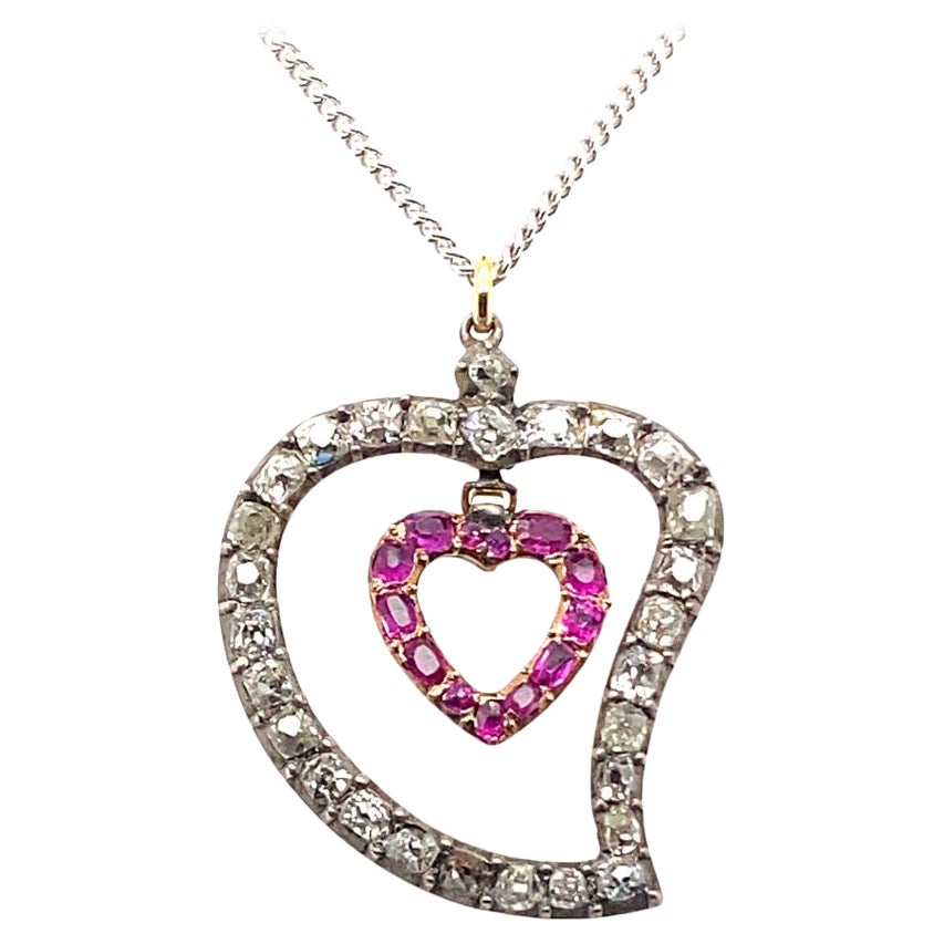 Victorian Diamond and Ruby 'Beggars Heart' Silver and Yellow Gold Pendant For Sale