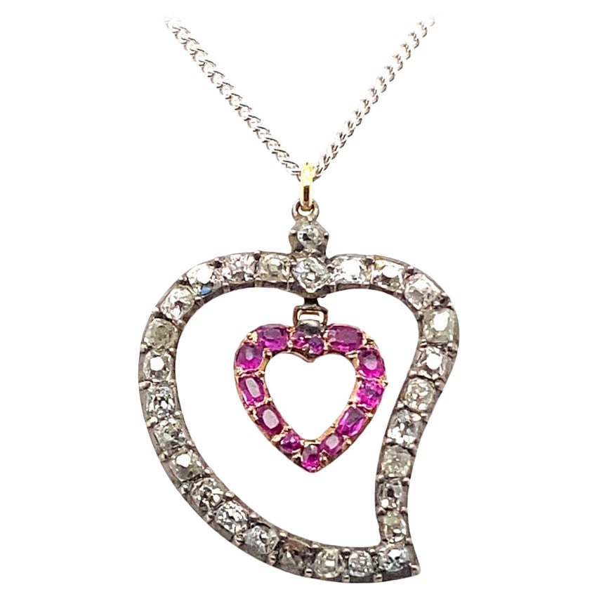 Pendentif victorien Beggars Heart en argent et or jaune avec diamants et rubis