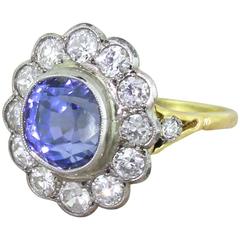 Antique Art Deco 5.76 Natural Ceylon Sapphire & Old Cut Diamond Cluster Ring