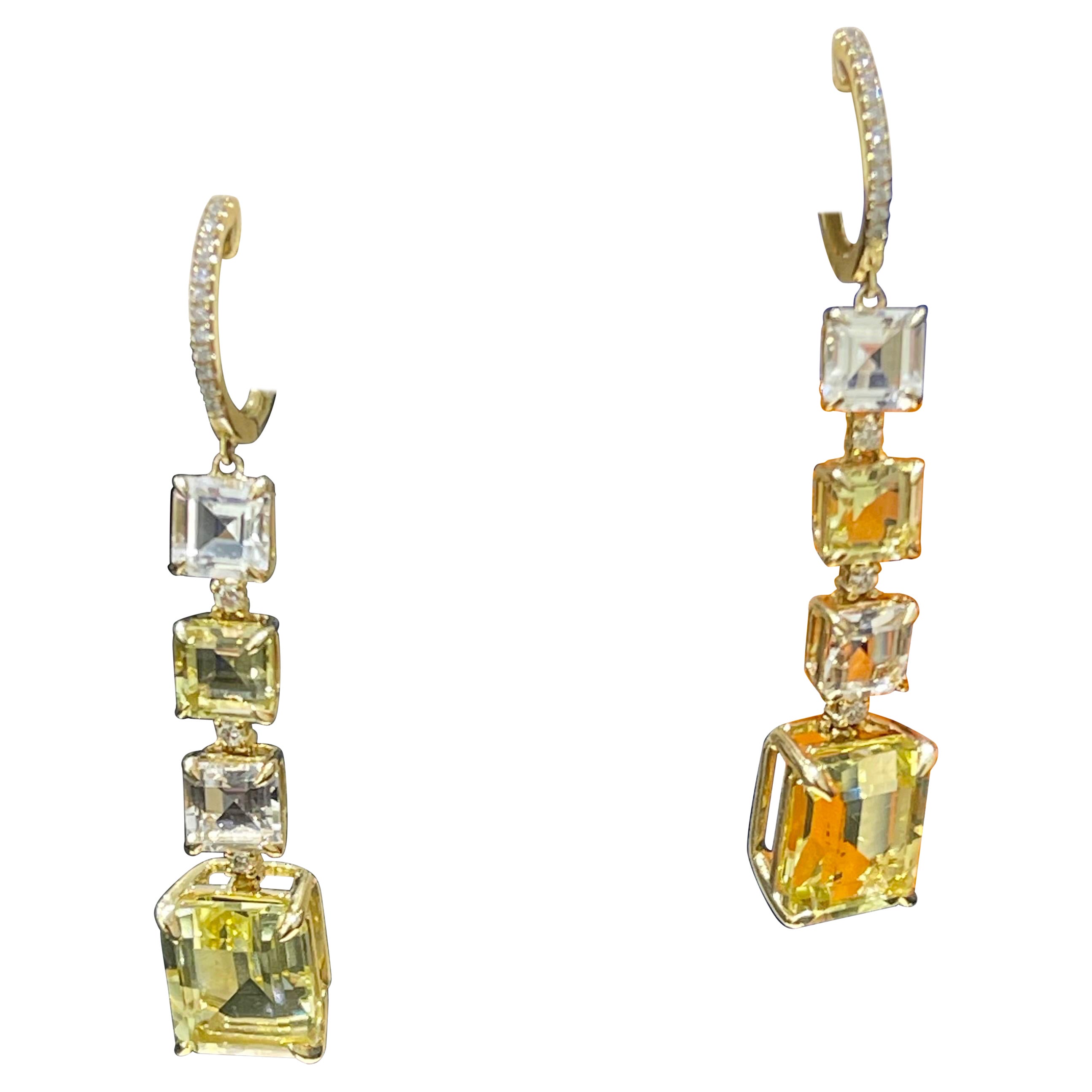 Gorgeous Diamond, Lime Quartz & White Topaz Earrings In 14k For Sale