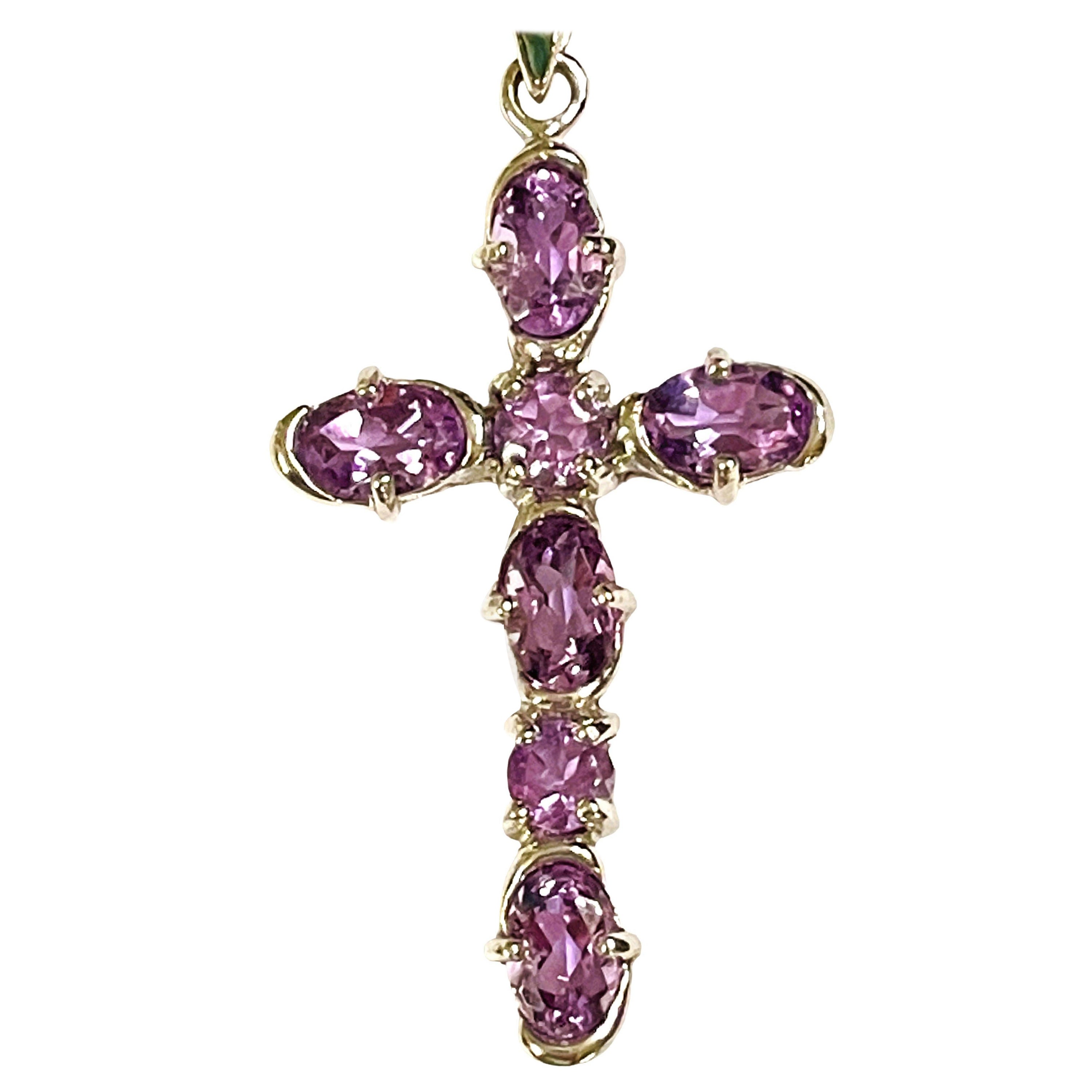 New Amethyst Sterling Silver Cross Necklace with Adjustable Chain For Sale