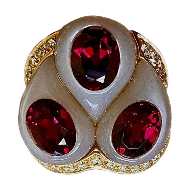 Oro Trend 18K Rose Gold Carved Jade Rubelite Diamond Cocktail Ring For Sale