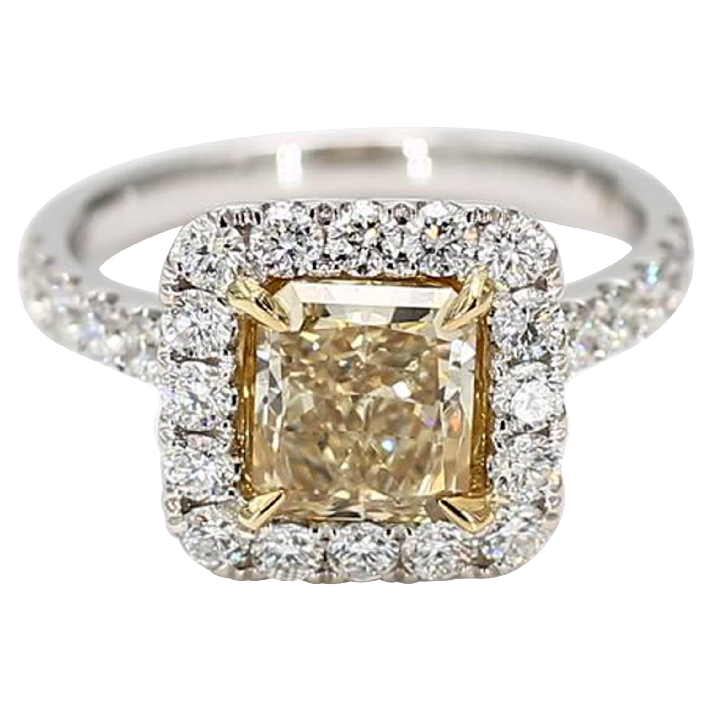 GIA Certified Natural Yellow Radiant Diamond 2.78 Carat TW Gold Cocktail Ring For Sale