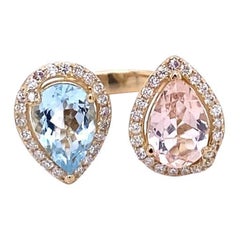 3.34 Carat Pink Morganite Aquamarine Diamond Yellow Gold Cocktail Ring