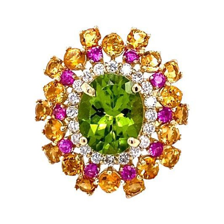 6.15 Carat Peridot Sapphire Diamond Yellow Gold Cocktail Ring For Sale