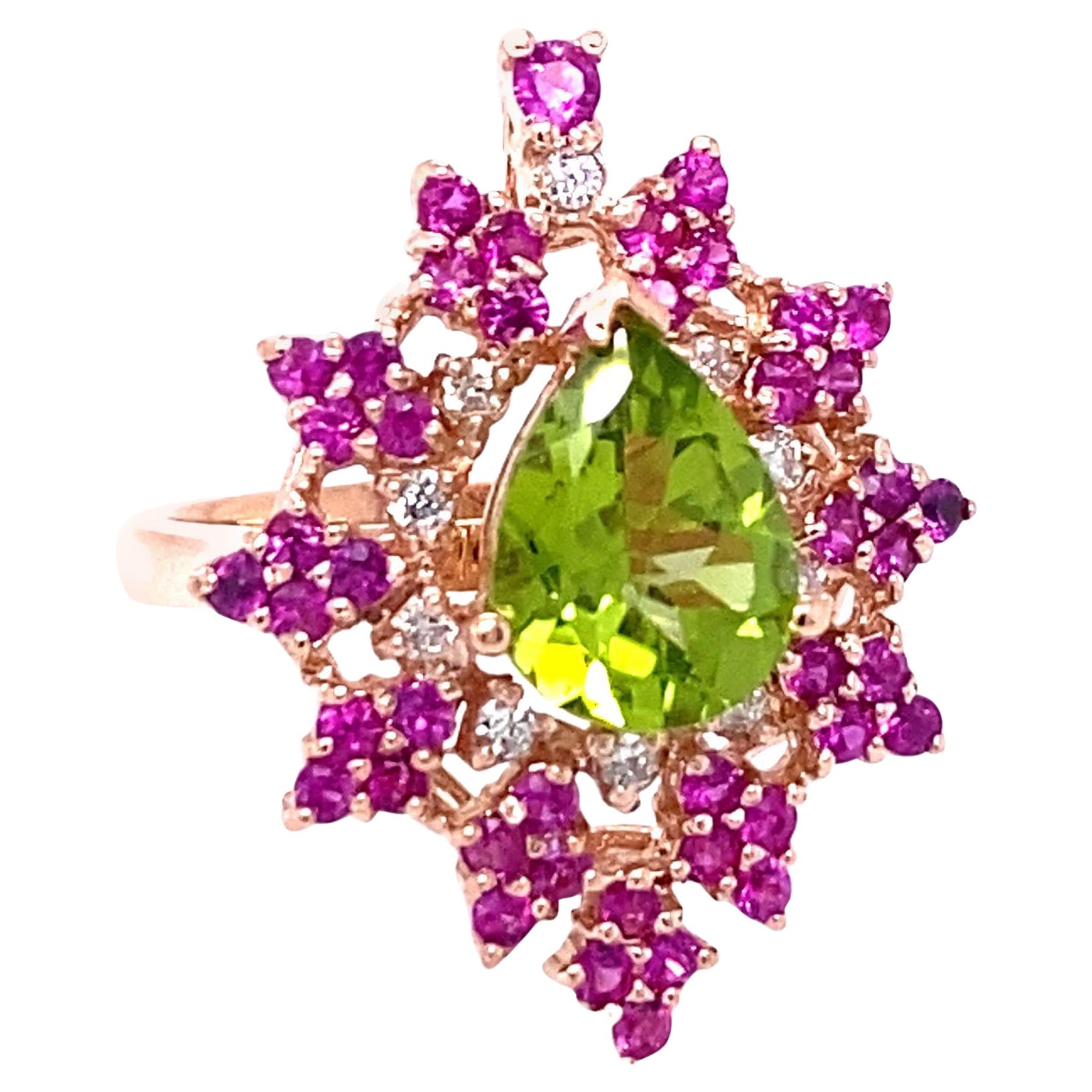 3.51 Carat Natural Peridot Sapphire Diamond Rose Gold Cocktail Ring For Sale