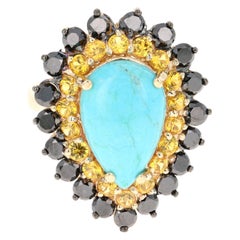 7.35 Carat Pear Cut Turquoise Sapphire Diamond Yellow Gold Cocktail Ring