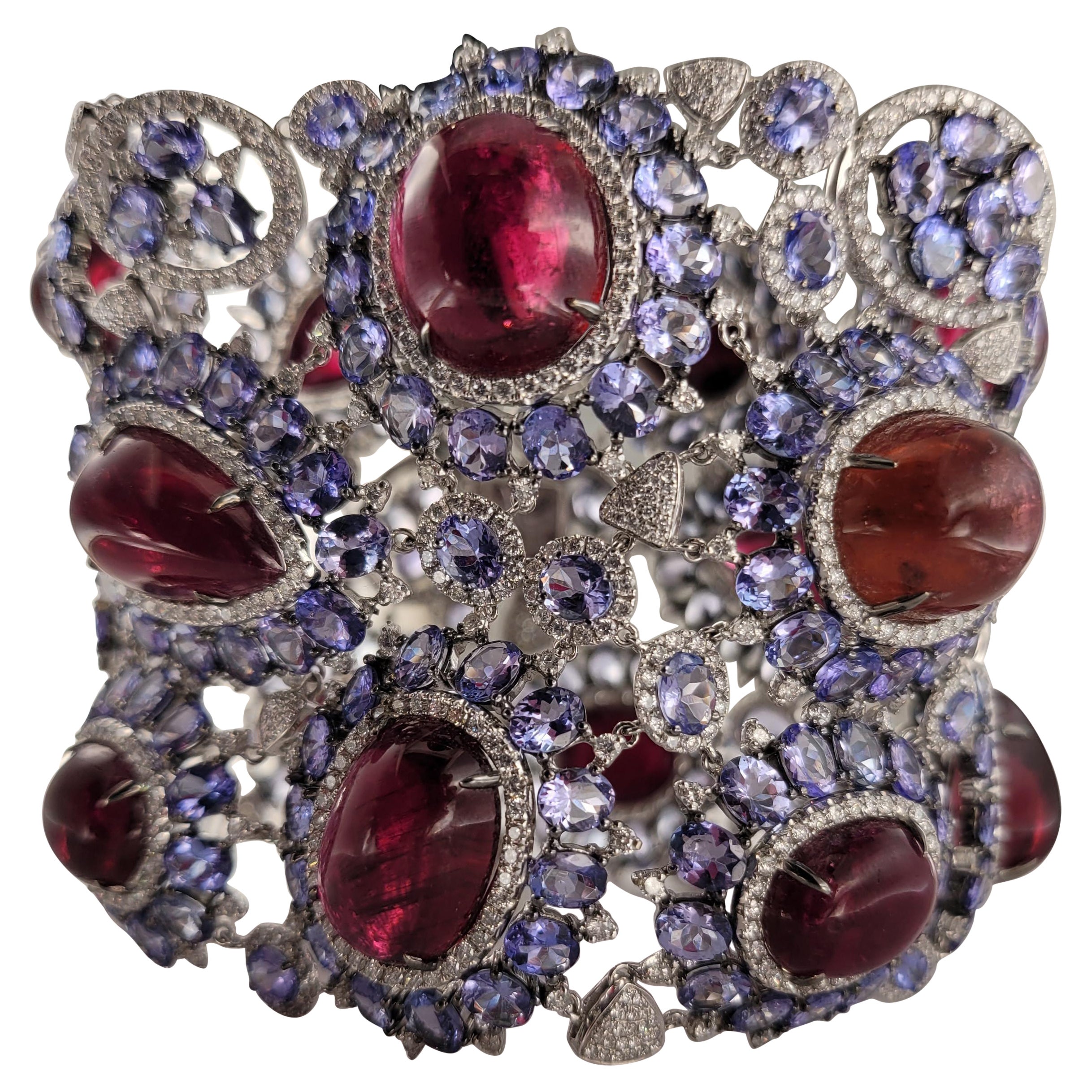 Ginormus 237 carat Rubyllite, 16 carats Tanzanite and Diamond Bracelet in 18KWG For Sale