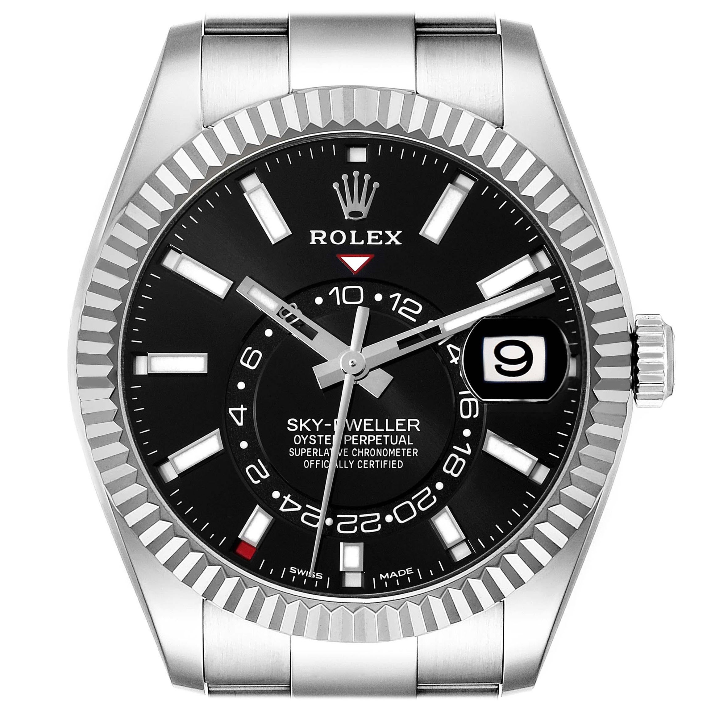 Rolex Sky-Dweller Steel White Gold Black Dial Mens Watch 326934 Box Card