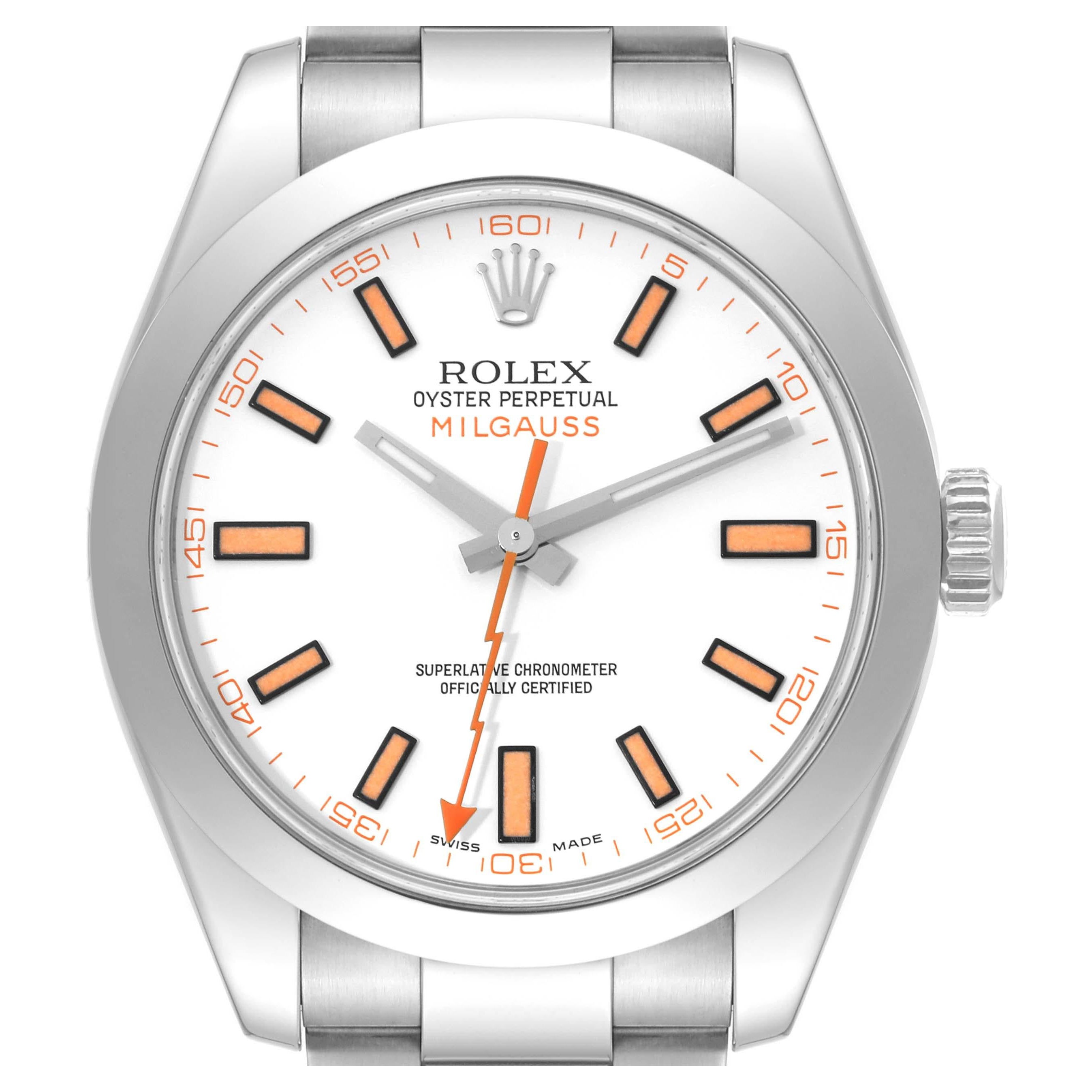 Rolex Milgauss White Dial Orange Markers Steel Mens Watch 116400