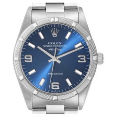 Rolex Air King Blue Dial Engine Turned Bezel Steel Mens Watch 14010 Box Papers