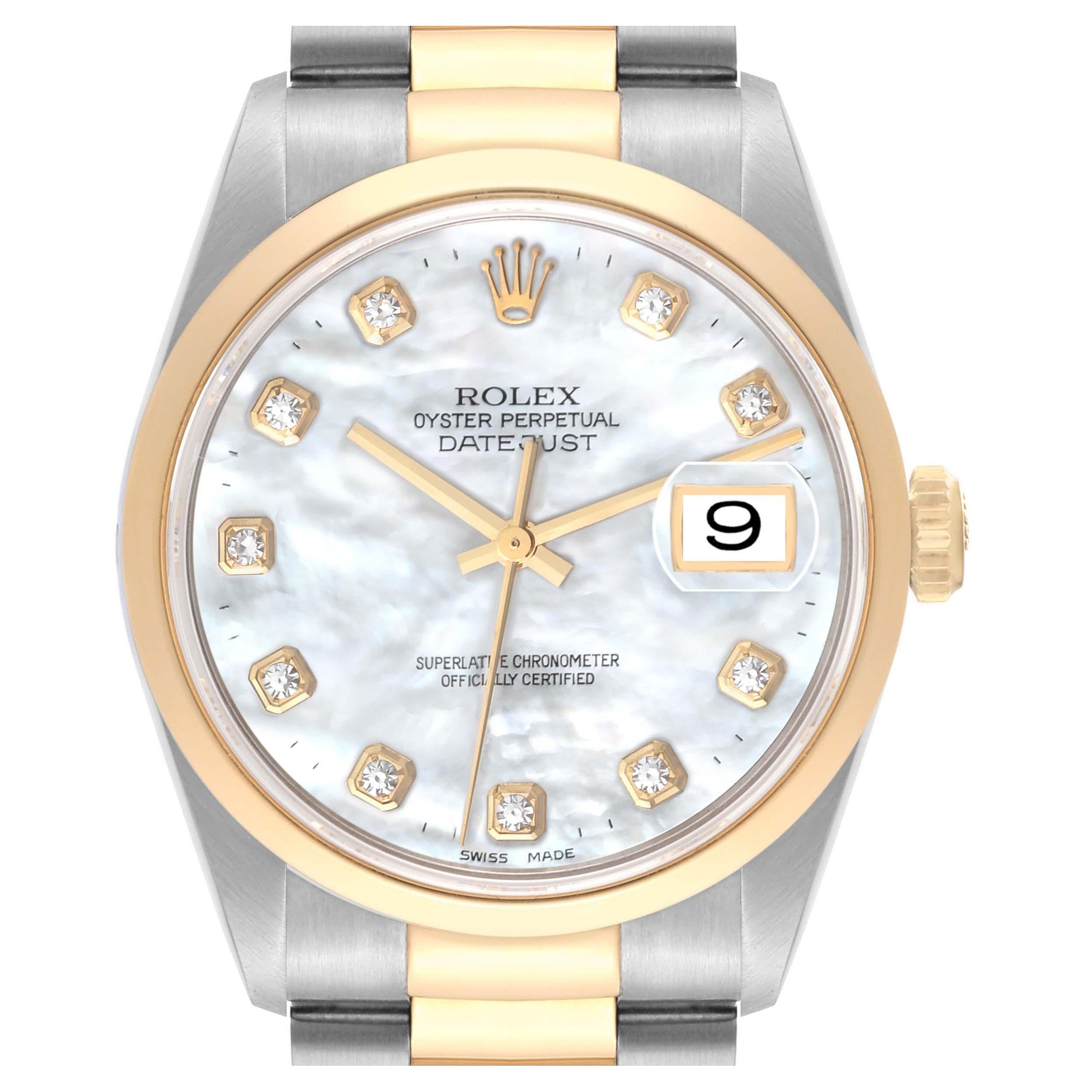 Rolex Datejust Steel Yellow Gold Mother Of Pearl Diamond Dial Mens Watch For Sale