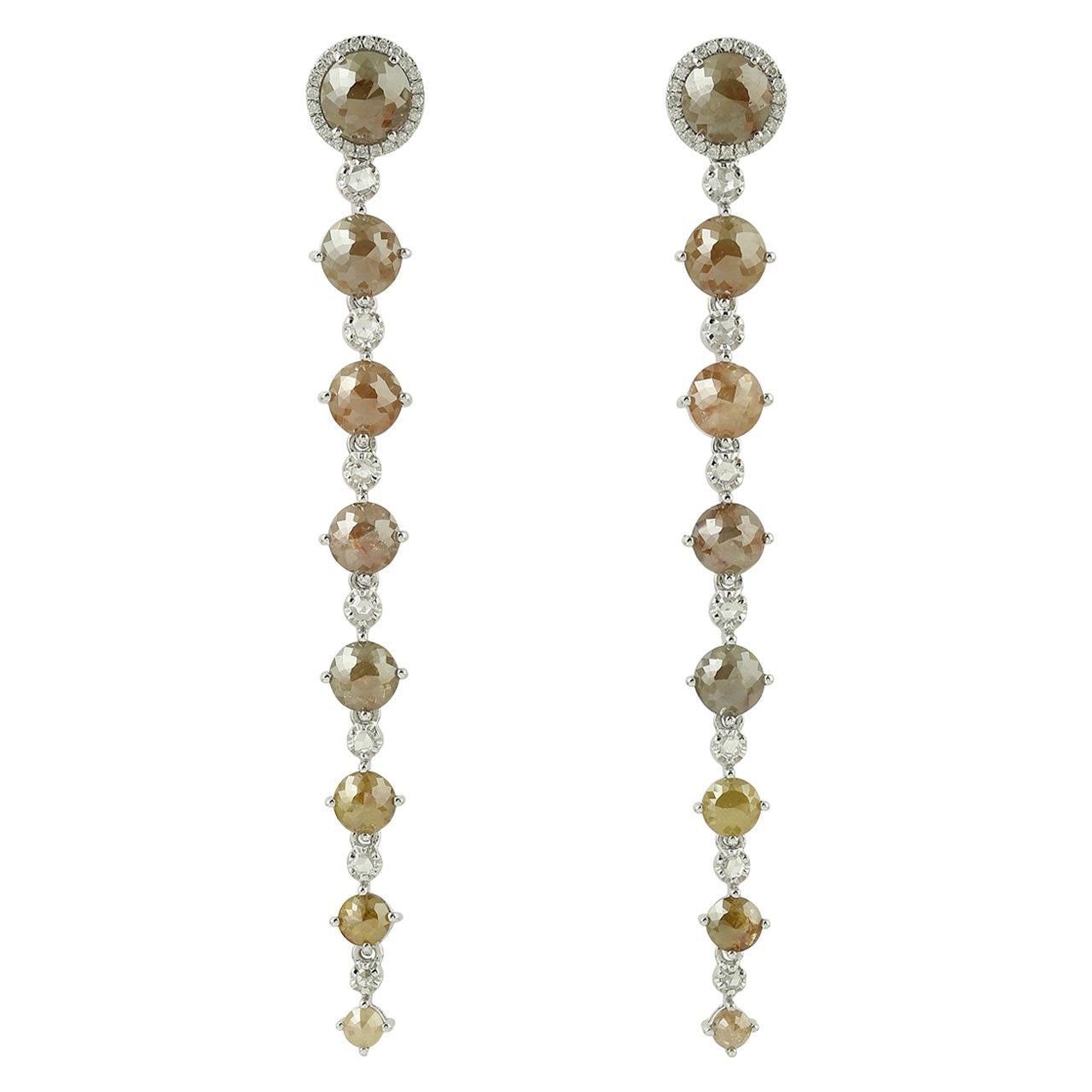 Round Brown Ice Diamond Long Dangle Earrings Made In 18k Gold For Sale
