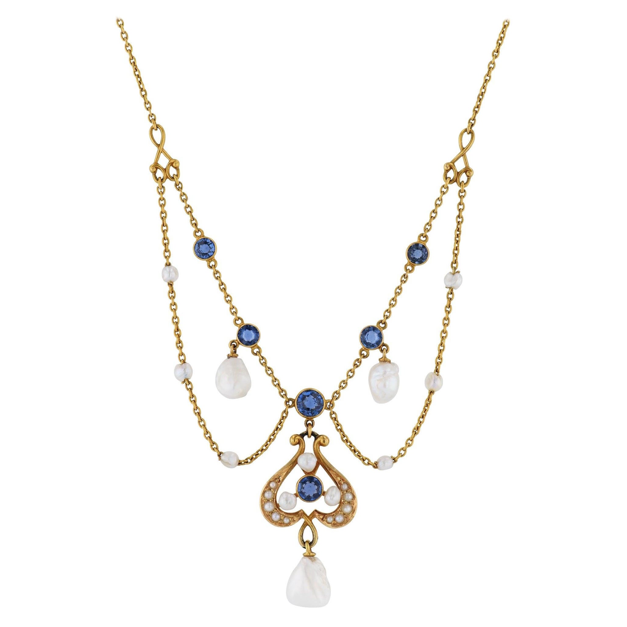 Antique Yogo Sapphire and Pearl Yellow Gold Necklace For Sale