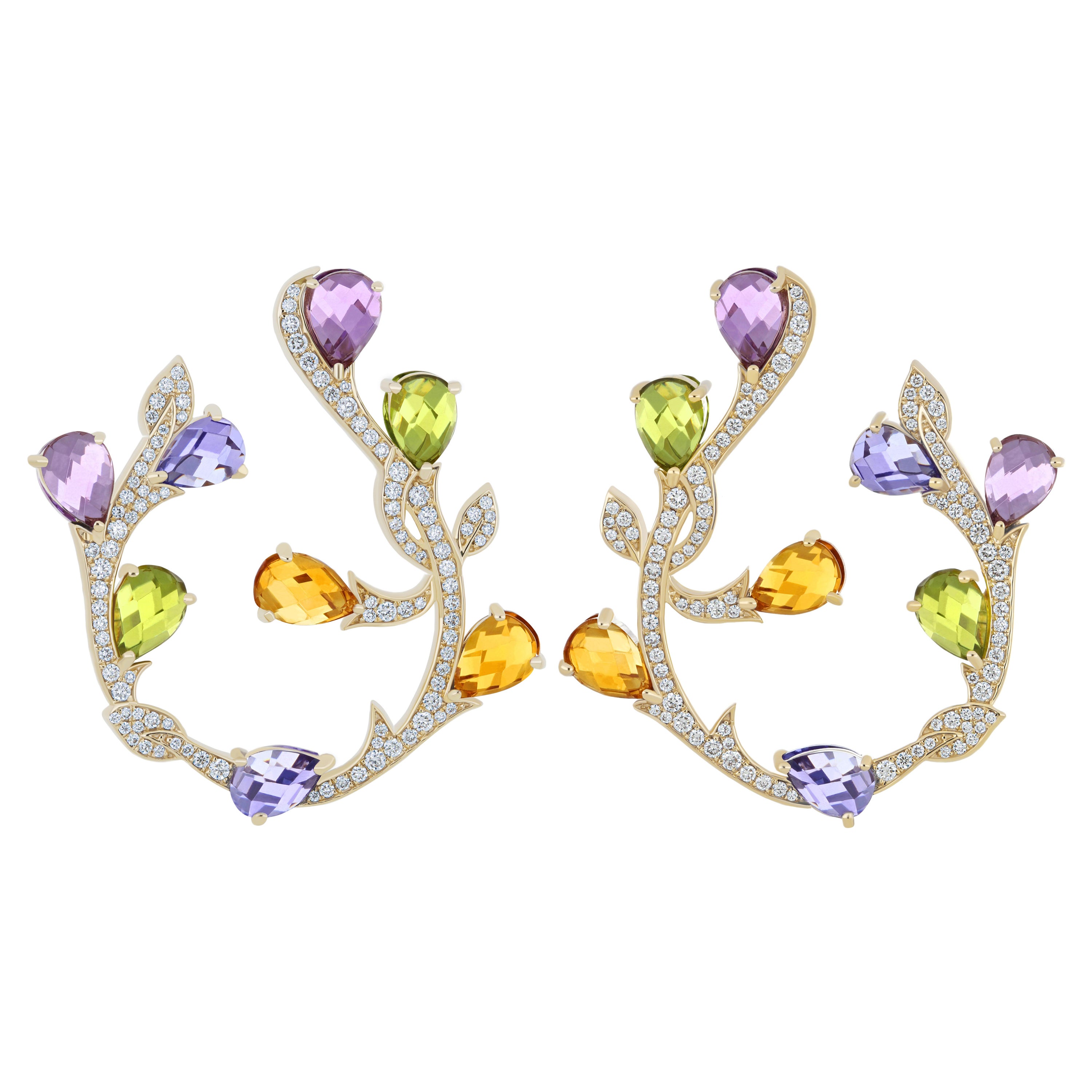 Multi Color Gemstones and Dimaond Studded Earrings in 14K Yellow Gold For Sale