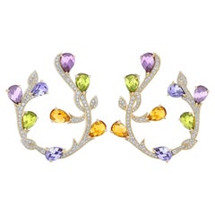 Multi Color Gemstones and Dimaond Studded Earrings in 14K Yellow Gold