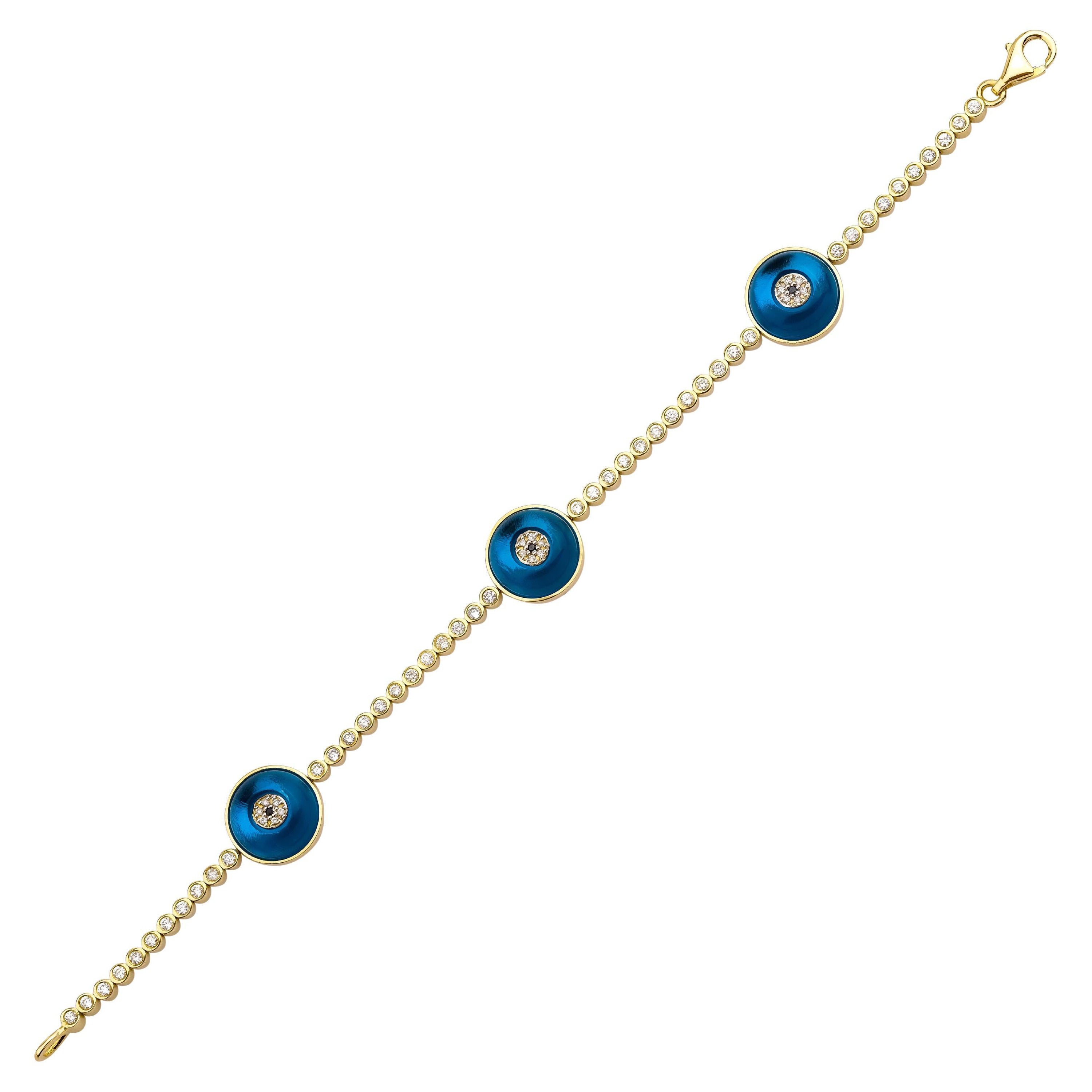 Against Evil Eye Bracelet, 0.78ct Natural Diamond, Solid 14k Yellow Gold, 7 inch For Sale