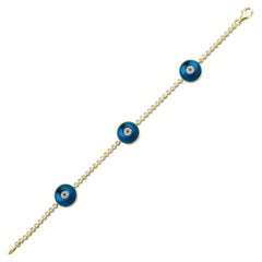 Against Evil Eye Bracelet, 0.78ct Natural Diamond, Solid 14k Yellow Gold, 7 inch