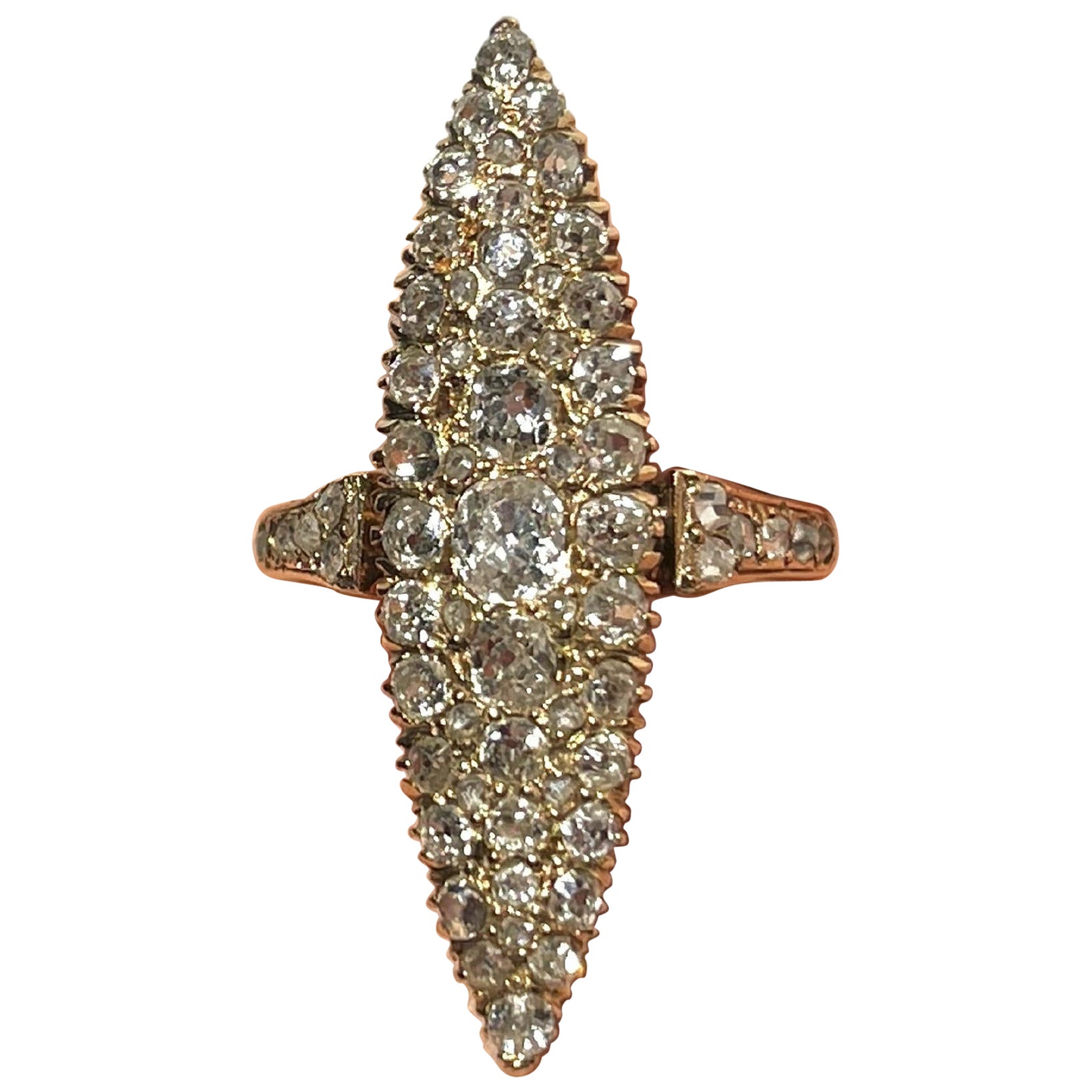 1920s Antique Marquise Shaped Diamond Rose Old Cut Encrusted Shining Pave Ring For Sale
