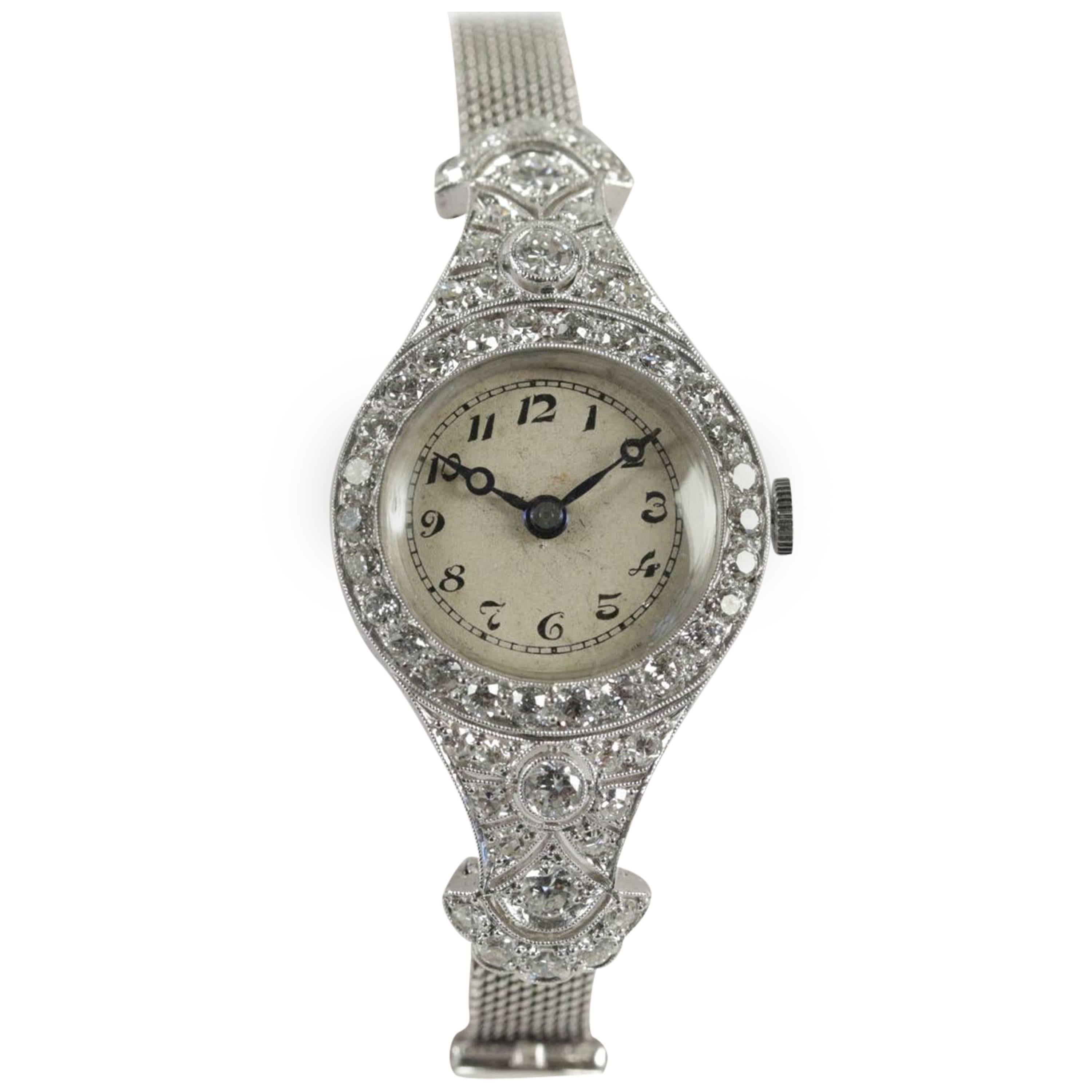 Lady's Antique Platinum and Diamond Wristwatch For Sale