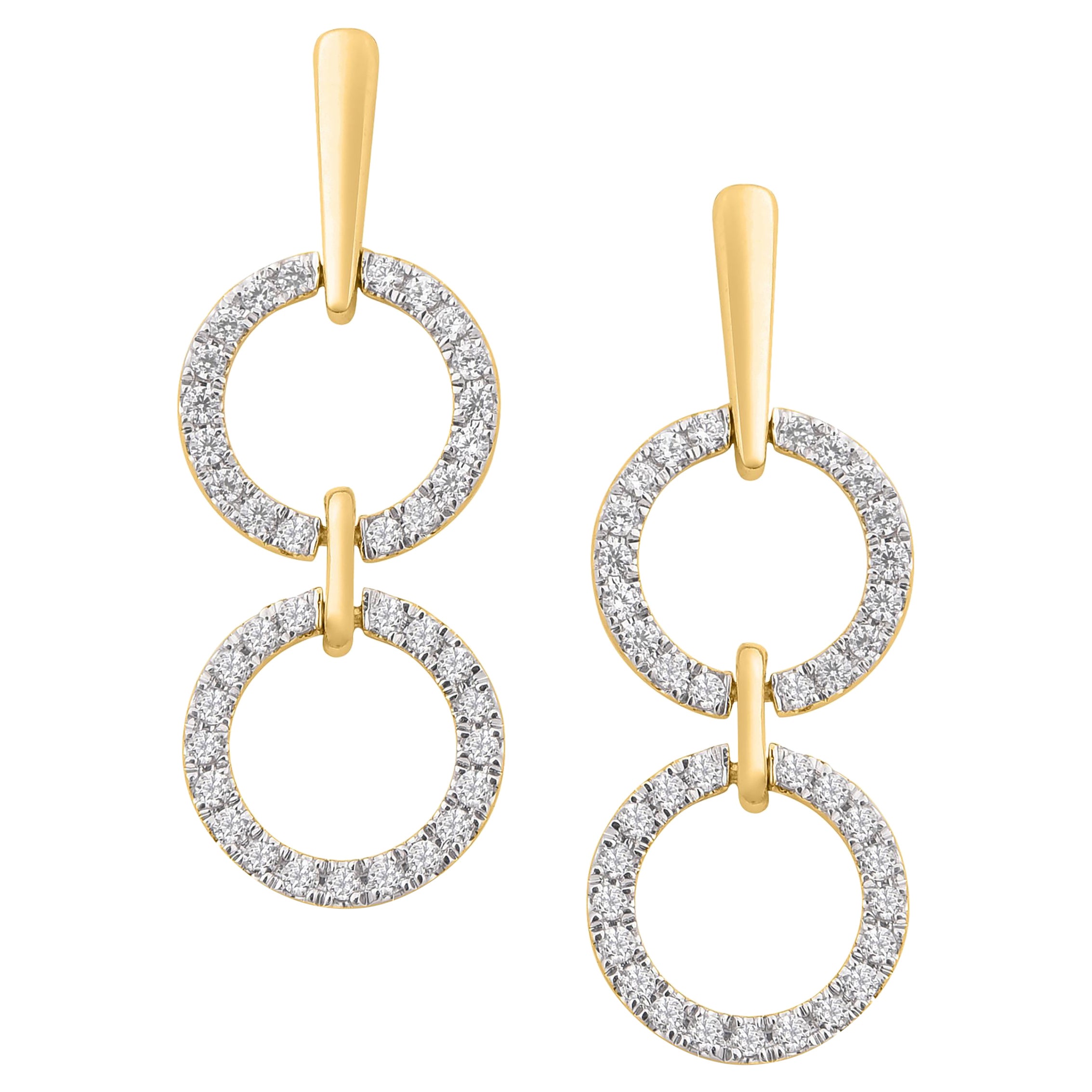 14K Yellow Gold Full Circle Link Dangling Diamond Earrings For Sale