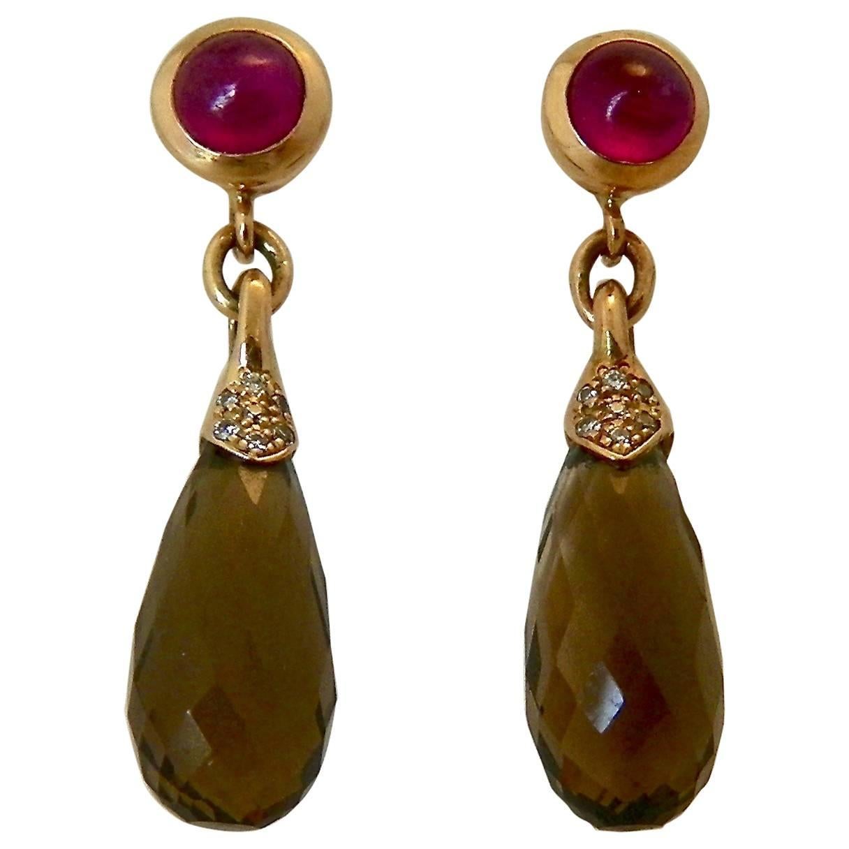 Smokey Quartz Ruby and Diamond Gold Dangle Earrings For Sale