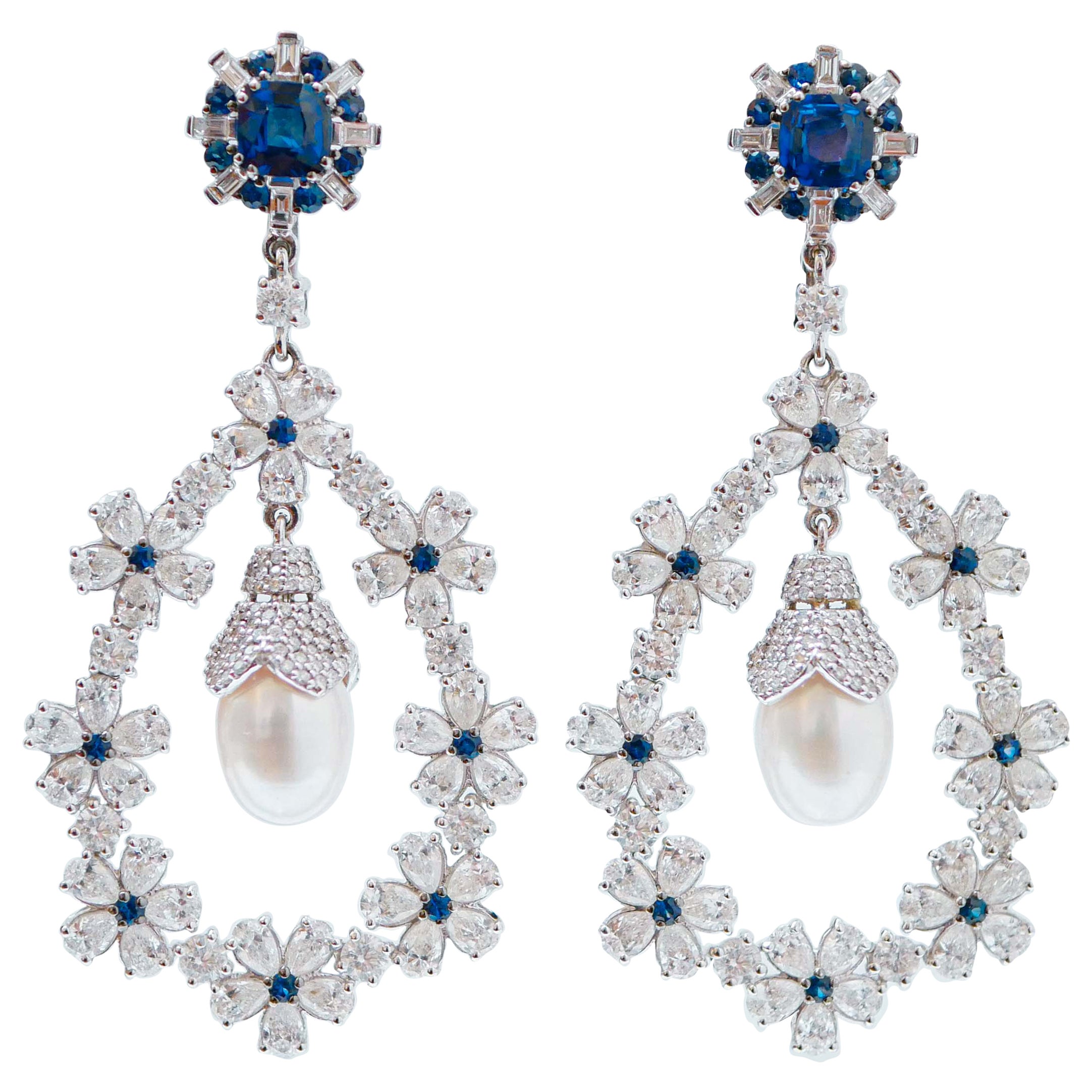 Sapphires, Diamonds, Pearls, 18 Karat White Gold Earrings. For Sale