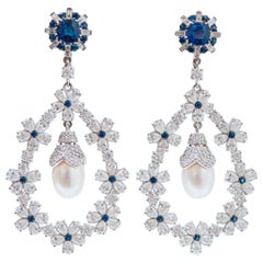 Sapphires, Diamonds, Pearls, 18 Karat White Gold Earrings.