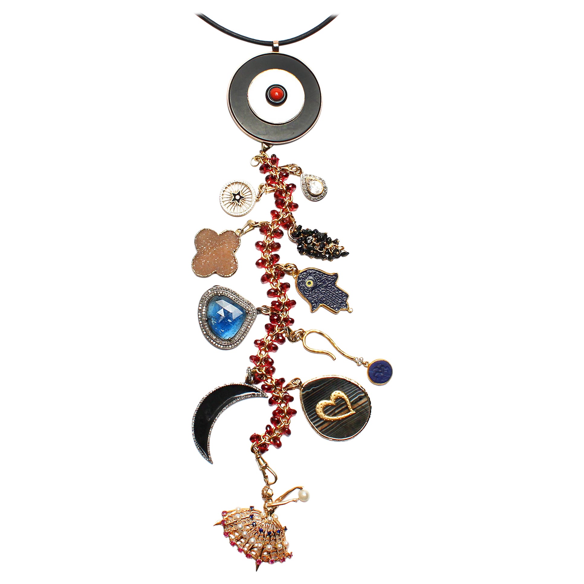 CLARISSA BRONFMAN "Age Of Elegance" Garnet Pearl Ruby Gold Symbol Tree Necklace For Sale